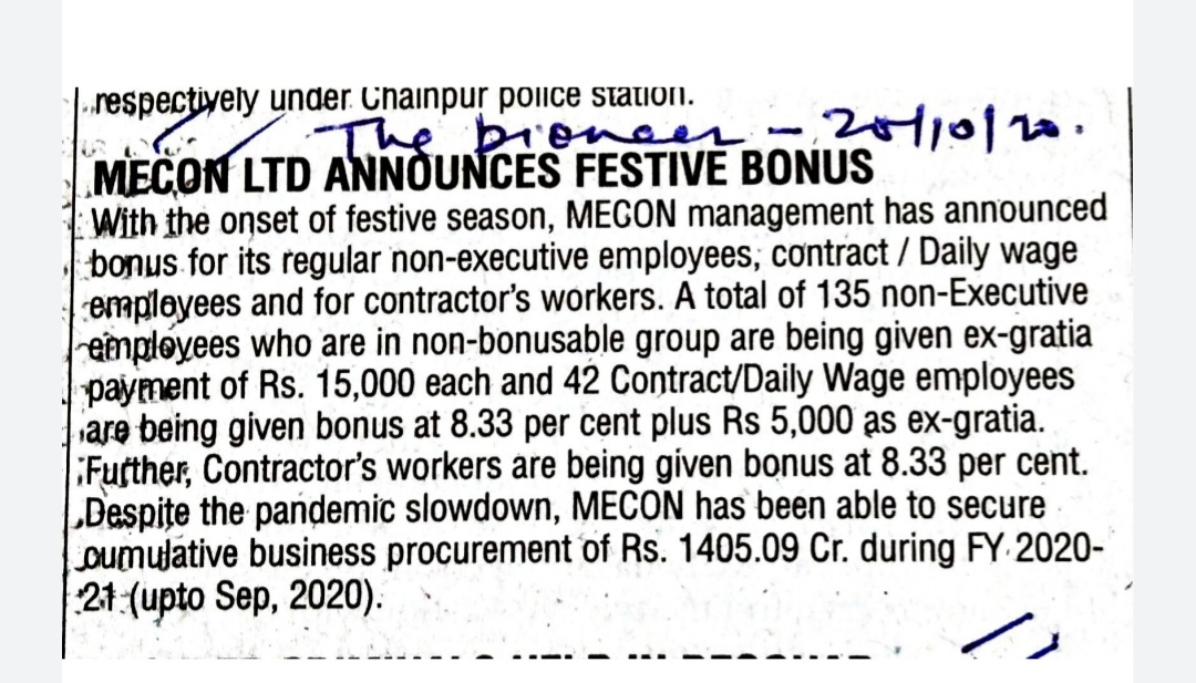MECON announces festive bonus -The Pioneer dated 20.10.2020
